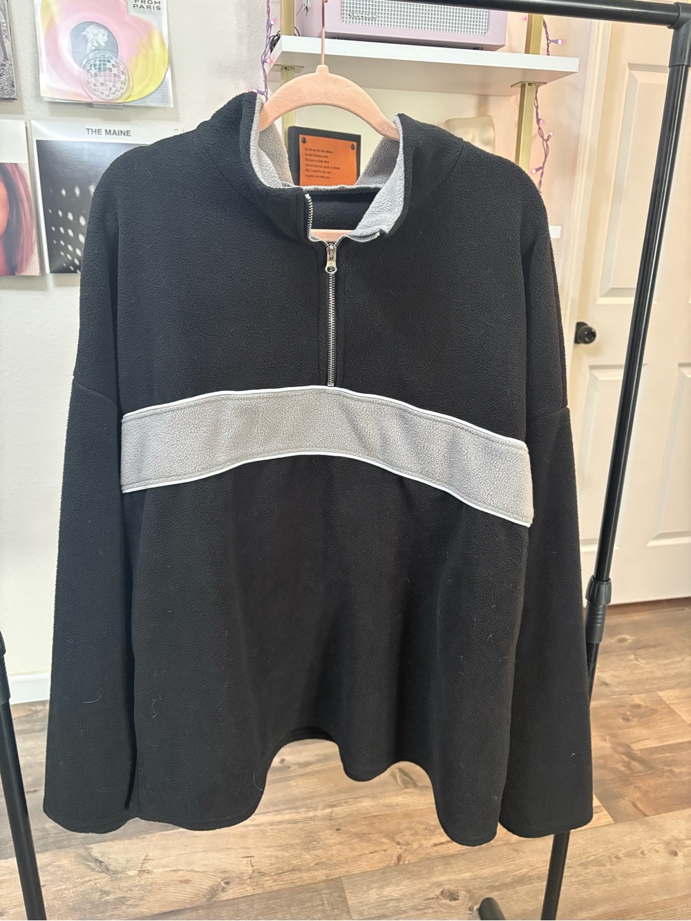Men's Black Half-Zip Fleece Pullover with Gray Chest Panel